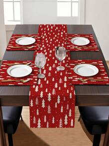 1 pieza Camino de mesa impreso con patrón de árbol de Navidad, 4/6/8 piezas Individuales impresos con patrón de árbol de Navidad, adecuados para fiestas, cumpleaños, cenas, cocina, comedor, decoración del hogar y la habitación para todo el año, decoración de mesa