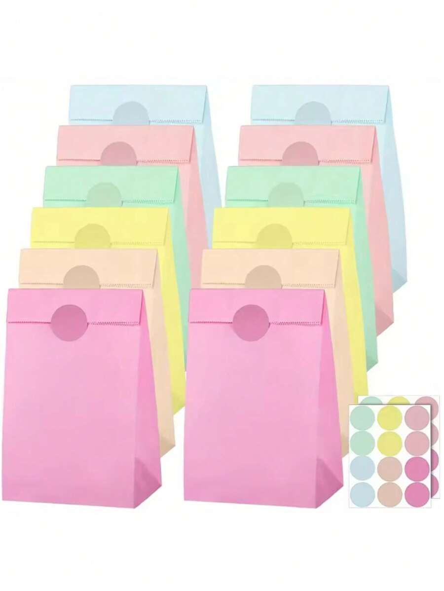 12/24 piezas Bolsas de papel para regalo con colores de macaron, bolsas de papel para dulces, snacks y manualidades para fiestas de cumpleaños, bodas, aniversarios con pegatinas