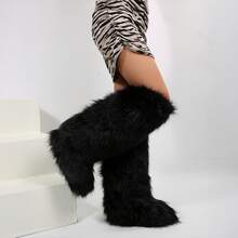 Boots For Women Faux Faux Furry Fuzzy Winter Boots Round Toe Comfortable Casual Faux Fur Boots Women Shoes - 黑色 - 查看 7