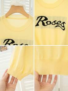 RUIWY 女款彩色块字母印花针织短袖T恤，夏季设计休闲圆领上衣，修身