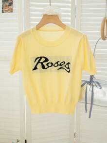 RUIWY 女款彩色块字母印花针织短袖T恤，夏季设计休闲圆领上衣，修身