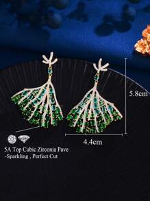1 pereche de cercei lungi placați cu aur, cu zirconiu cubic verde și albastru, cu design de fustă, pentru femei, accesorii pentru nuntă, logodnă, banchet, petrecere, bal, pentru mirese, domnișoare de onoare, prietene, cadou pentru fiice