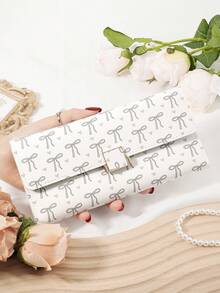 粉色蝴蝶结爱心图案包包，时尚女士长款钱包，零钱包，三折多卡槽大容量多功能钱包，女士优雅折叠卡槽和拉链口袋女士钱包钱包 - 粉色 - 查看 10