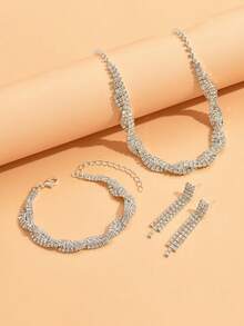 1set Fashionable & Elegant Party Bridal Earrings, Necklace & Bracelet Set - Silver - View 5