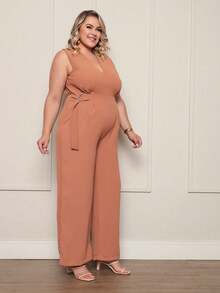 FASHION MIX PREMIUM Elegant Long Jumpsuit Tailored With Detail At The Waist And V-Neckline Plus Size Women's Fits 46 To 50 - 卡布奇諾 - 查看 5