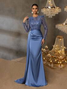 Elisanya Váy dạ hội đuôi cá sequin thanh lịch với chân váy satin dài chấm đất | Thiết kế trang trọng thanh lịch sang trọng | Hoàn hảo cho đám cưới, tiệc Gala, sự kiện thảm đỏ và bữa tối trang trọng - Màu xanh bụi bặm - Xem 2
