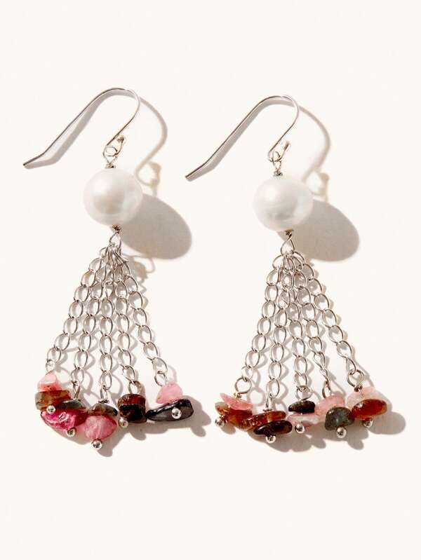 1 Pair Luxury 925 Sterling Silver Natural Beryl & Cultured Pearl Tassel Earrings, Suitable For Women Casual & Holiday Wear