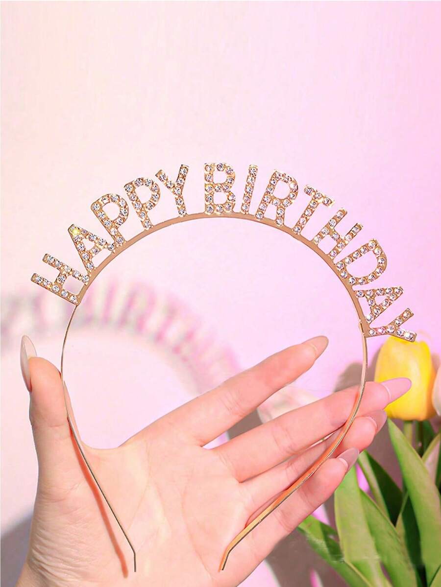 1pc Birthday Happy Rhinestone Headband, Elegant Party Decoration & Photo Prop Hair Accessories For Girl - Rose Gold - View 1