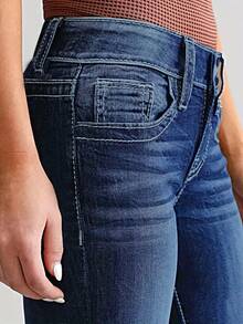 Women's High - Waisted Flared Blue Denim Jeans | Stretch, Embroidered Decorative Back Pocket, Body - Hugging, Retro - Inspired, Versatile - Dark Wash - View 7
