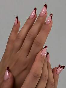 24 片粉色中长杏仁形红色法式假指甲简约风格光泽全覆盖女士女孩假指甲艺术 DIY 沙龙礼物情人节指甲果冻凝胶随机发货