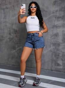 Shorts Denim Desgastado e Lavado, Casual de Verão