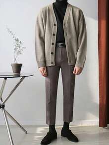 كارديجان طويل الأكمام بياقة على شكل حرف V وأزرار للرجال، ملابس رجالية كاجوال للخريف والشتاء