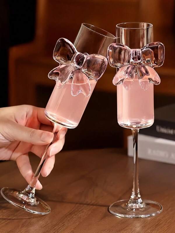1pc Creative Pink Bow Champagne Flute, Suitable For Home Dining Table, Holidays And Weddings. Oversized Bow Glass Candle Holder, Elegant Restaurant Decoration Candle Holder, Romantic Candlelight Dinner Decor Candle Holder Back To School