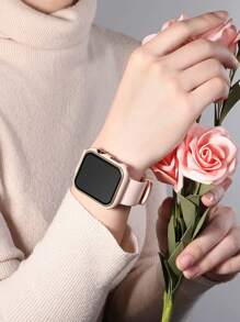 1pc Pink Women Men Fashionable Carved 2 In 1 Ultra-Thin Tempered Glass Screen Protector Anti-Fall Watch Case, Compatible With Apple Watch Case 38/40/41/42/44/45/46/49Mm, For Apple Watch Series Ultra/SE/11/10/9/8/7/6/5/4/3/2/1, Intelligent Watch Case Accessories