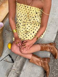 Vintage Polka Dot All Over Print Bohemian Casual Pleated Elastic Waist Ruffle Hem Cami Mini Dress Or Skirt With Styling Versatility - Màu vàng - Xem 7
