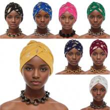 1PC Fashionable Versatile Feather Metallic Gold Print India-Style Head Wrap Turban, Cancer Chemo Hat For Hair Coverage