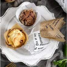 50 piezas de moldes para cupcakes con forma de tulipán con impresión de periódico natural, tazas de hornear antiadherentes adecuadas para bodas, fiestas de cumpleaños, Navidad, decoración rústica vintage, suministros duraderos para fiestas, recipientes para postres de cumpleaños, material, suministros de repostería para el hogar, tazas de decoración navideña