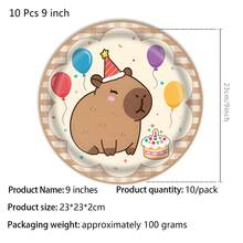 可爱水豚派对一次性餐具套装 - 10 件 9/7 英寸盘子、9 盎司杯子和餐巾，适用于生日、儿童派对、迎婴派对和野餐装饰 - 多色2 - 查看 3