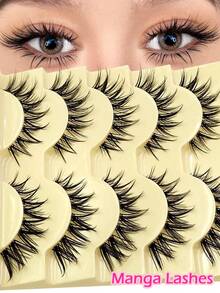 Asiteo 5 Pairs Delicate Cartoon Style False Eyelashes, Cat Eye Transparent Handle Short Anime Korean Makeup False Lashes - Ultra-Thin Transparent Band Faux Mink Lashes, Reusable Criss-Cross Eyelashes - 尖尾漫畫款 - 查看 1