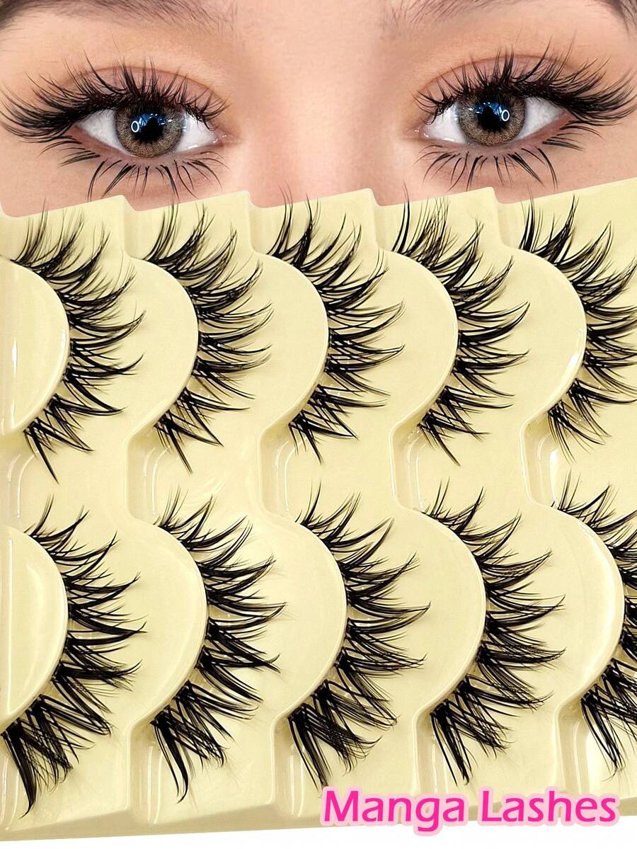 Asiteo 5 Pairs Delicate Cartoon Style False Eyelashes, Cat Eye Transparent Handle Short Anime Korean Makeup False Lashes - Ultra-Thin Transparent Band Faux Mink Lashes, Reusable Criss-Cross Eyelashes - 尖尾漫畫款 - 查看 1