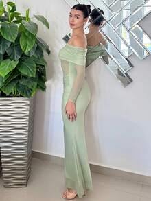 Andrea Bello Women's Elegant Sexy Waist Tightening Ruched Sheer Bodycon Long Sleeve Mint Holiday Party Dress Women's Beach Wear Women's Dress Elegant Holiday Wear Women's Dress Elegant D, Sage Green Dress - Mint Green - View 3