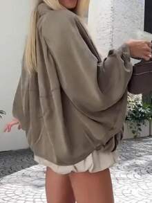 Chaqueta holgada con cremallera, mangas tipo murciélago y pliegues, de tela tejida de unicolor para primavera - Caqui - Ver 3