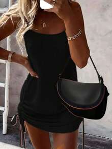 Summer Casual Solid Color Sleeveless Knit Dress - Black - View 2