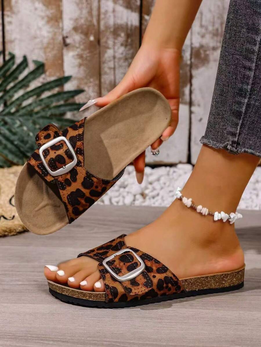 2025 Sommer Neue Ankunft Plateausandalen mit Schnalle, modischer vielseitiger Leopardenmuster Geflecht Schnallen Slides Badelatschen