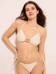 Costasola Conjunto de ropa de playa para mujeres para vacaciones de primavera: Accesorios de moda con escote de atar, traje de baño sexy y hueco para resort de playa - Albaricoque - Ver 4