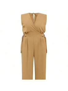 FASHION MIX PREMIUM Elegant Long Jumpsuit Tailored With Detail At The Waist And V-Neckline Plus Size Women's Fits 46 To 50 - 米色 - 查看 5