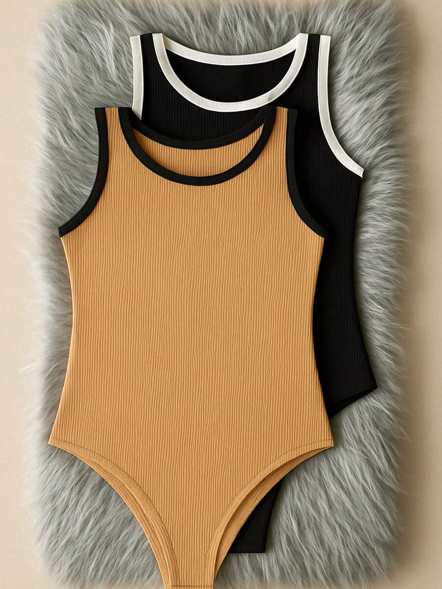 Women Bodysuits - 米色和黑色 - 查看 1