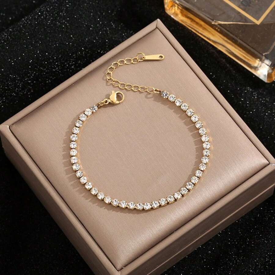 Nova pulseira de aço titânio 18K, estilo europeu e americano, simples e versátil, para mulheres, com várias fileiras de diamantes, microincrustação de zircônias, 17+5 cm