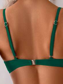 Summer Solid Color Sexy Elegant Bohemian Style Spaghetti Strap Bikini Swimsuit, Sweet Two Pieces Beach Vacation Set - Green - View 6