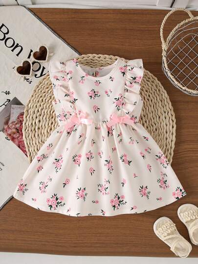 Cute Baby Girls Summer Beautiful Infant Summer Casual Sleeveless Round Neck Ruffled Hem Bowknot Print Dress, Button Back Design