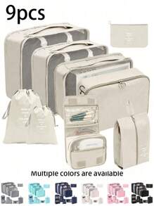 Set organisateur de voyage 9-en-1. Sacs de rangement de grande capacité, organisateurs de bagage pour vêtements, sous-vêtements, chaussures, cosmétiques, articles de toilette. Convient pour les chemises, sous-vêtements, vêtements, maquillage, rouge à lèvres, ombre à paupières, fond de teint, éponge, pinceaux, brosse à dents, dentifrice, nettoyant pour le visage, etc. Idéal pour les voyages, l'hôpital, le dortoir, l'école, les vacances, les fournitures scolaires.
