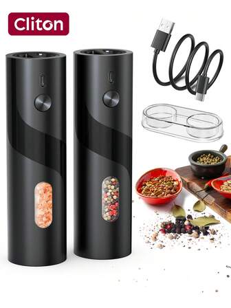CLITON 2025年プレミアム 充電式 電動ペッパーミル&ソルトグラインダーセット LEDライト付き - USB-C充電式リチウムバッテリー(300mAh) / 容量110ml / 粗さ調整可能 / モダンキッチンギフト ヨーロッパ・中東向け (単品とベース2点セット)