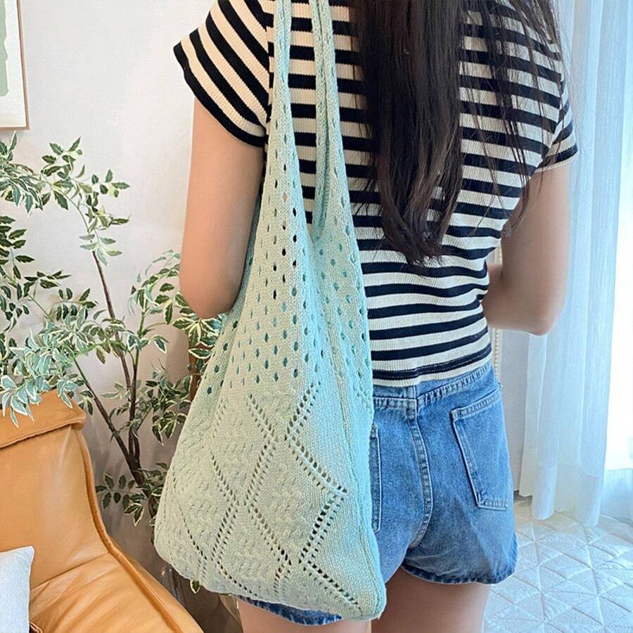 Women's Knitted Large Capacity Tote Bag, Solid Color Hollow Diamond Pattern Shoulder Bag, Fashionable Foldable & Easy Storage Shopping Bag, Blue/Orange Handbag, 100% Polyester, Vacation Style, Suitable For Beach Getaway, Gift For Women