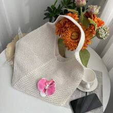 Summer Hollow Knit Tote Bag, Large Capacity Luxury Women Plain Casual Shoulder Bag, Butterfly & Floral Decor One Shoulder Strap Tote, Suitable For Daily Use, Hangout With Friends, Gift