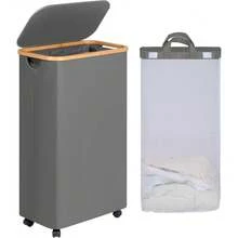 New Slim Laundry Basket  Wheels, Narrow Rolling Laundry Hamper  Lid And Removable Bag, Tall Atic Dirty Clos Hamper On Wheels For Laundry Room, Bedroom, Dorm And Bathroom, 75L Grey - Grey 75L - View 1