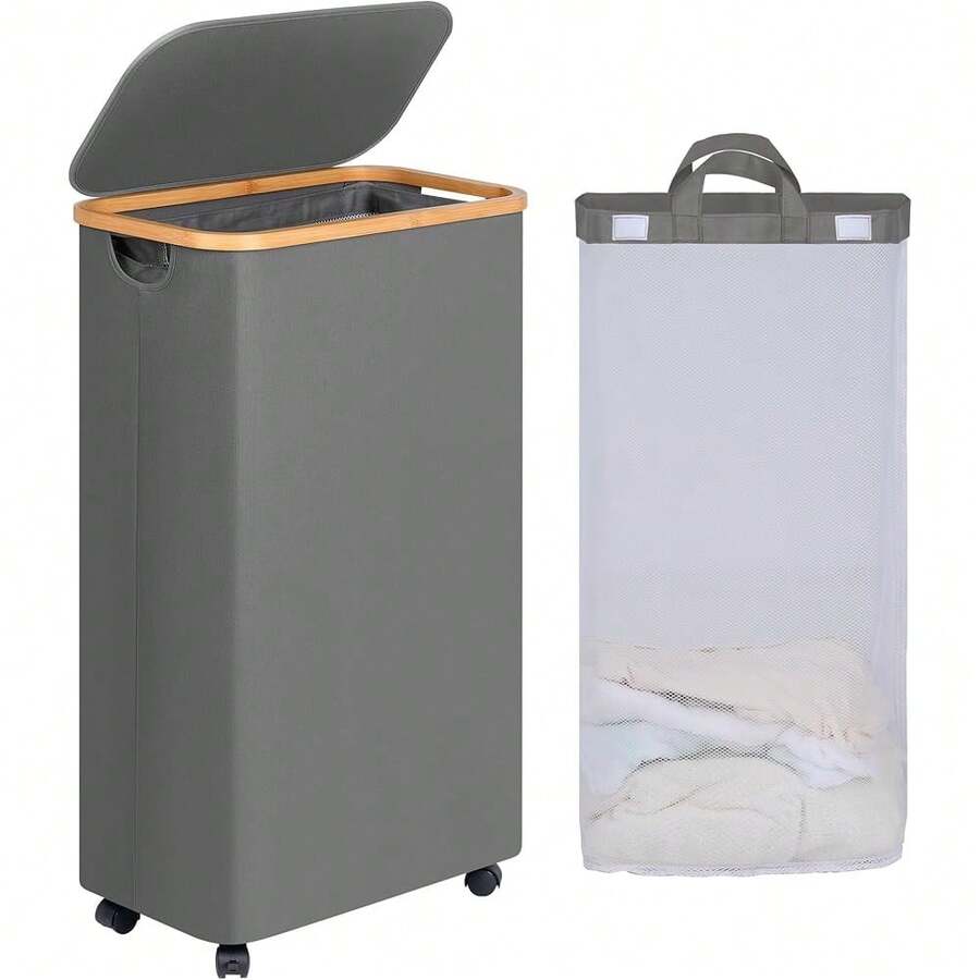 New Slim Laundry Basket  Wheels, Narrow Rolling Laundry Hamper  Lid And Removable Bag, Tall Atic Dirty Clos Hamper On Wheels For Laundry Room, Bedroom, Dorm And Bathroom, 75L Grey - Grey 75L - View 1