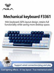 AULA F3361 Mini Keyboard, 61-Key Layout, Wired Connection, Cool Backlight Effect, True Mechanical Axis, Ergonomics, Plug And Play, Suitable For Office Computers And Notebooks, Highly Attractive Color Matching Keyboard For Girls