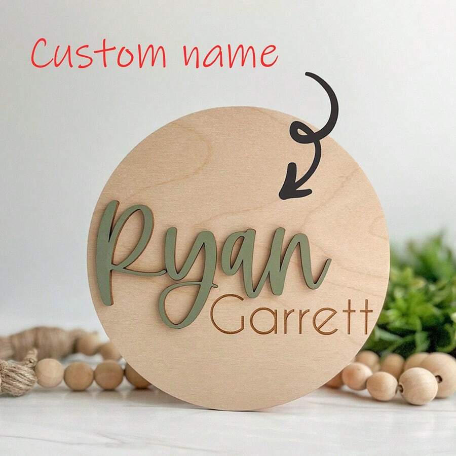 Placa de anuncio de nacimiento | Placa de nombre a juego | Placa de revelación de nombre de madera | Placa de nombre personalizada | Placa para uso hospitalario, patrón impreso - etiquetas para nombres de bebés - Ver 1