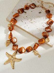 1 Peça Colar de Estilo Boêmio com Pingentes Metálicos de Estrela-do-mar, Tartaruga Marinha, Concha, Cavalo-marinho, Colar Gargantilha com Contas de Concha Natural Irregular, Adequado para Uso Diário de Mulheres, Presente de Feriado, Decoração de Festa na Praia, Joia Encantadora