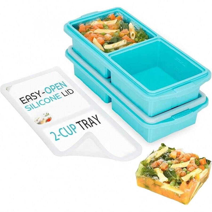 Silicone Freezer Tray With Lid - Soup Freezer Container Molds - Large Ice Cube Tray- Makes 8 Perfect 1 Cup Portions Cubes, 2-Pack Freezer Storage  Soups  Meal Prep - Oven  Dishwasher - - 2杯,藍色 - 查看 1