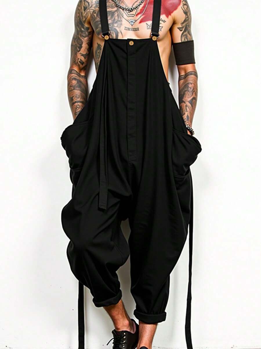 INCERUN Men Sleeveless Strappy Bib Dungarees Rompers Casual Loose Solid Jumpsuits Summer Harem Pants Long Cargo Overalls - 黑色 - 查看 1