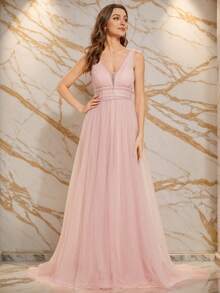 EVERPRETTY 优雅无袖细肩带 V 领薄纱对比 A 字形伴娘礼服粉色礼服，适合婚礼派对 - 粉色 - 查看 7