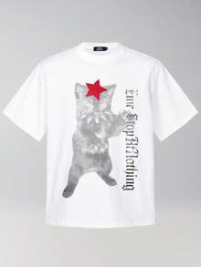 男士夏季休闲百搭猫咪字母印花T恤圆领短袖 - 白色 - 查看 1