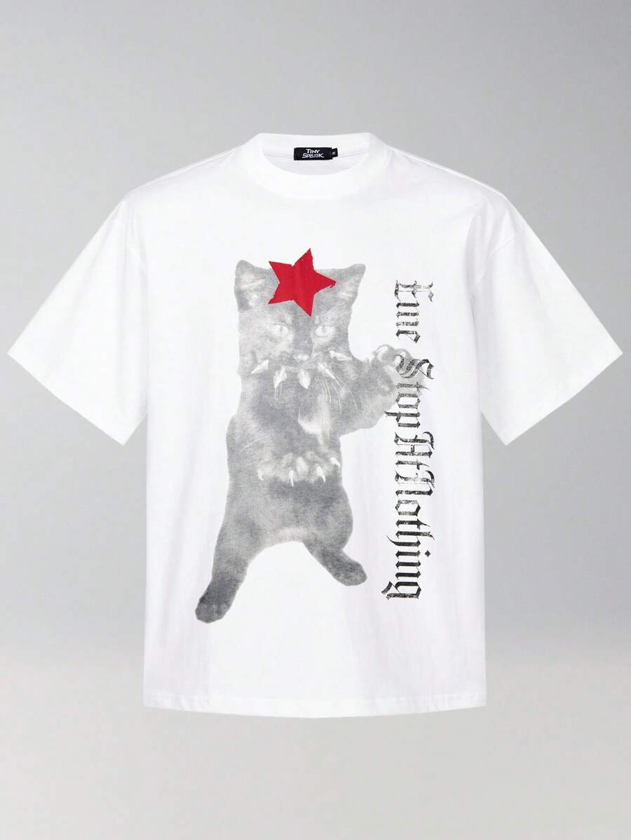 男士夏季休闲百搭猫咪字母印花T恤圆领短袖 - 白色 - 查看 1