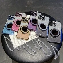 Nuevo estuche antideslizante de 4 esquinas para teléfono + cuerda colgante con perla de papel brillante rosa + espejo de maquillaje circular brillante rosa con soporte magnético integrado, compatible con Galaxy I-Phone 16 Pro 16Pro Max, Sam-Sung S25/S25Plus/S25Ultra, XM HW Redmi A5, Oppo