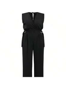 FASHION MIX PREMIUM Elegant Long Jumpsuit Tailored With Detail At The Waist And V-Neckline Plus Size Women's Fits 46 To 50 - 黑色 - 查看 3